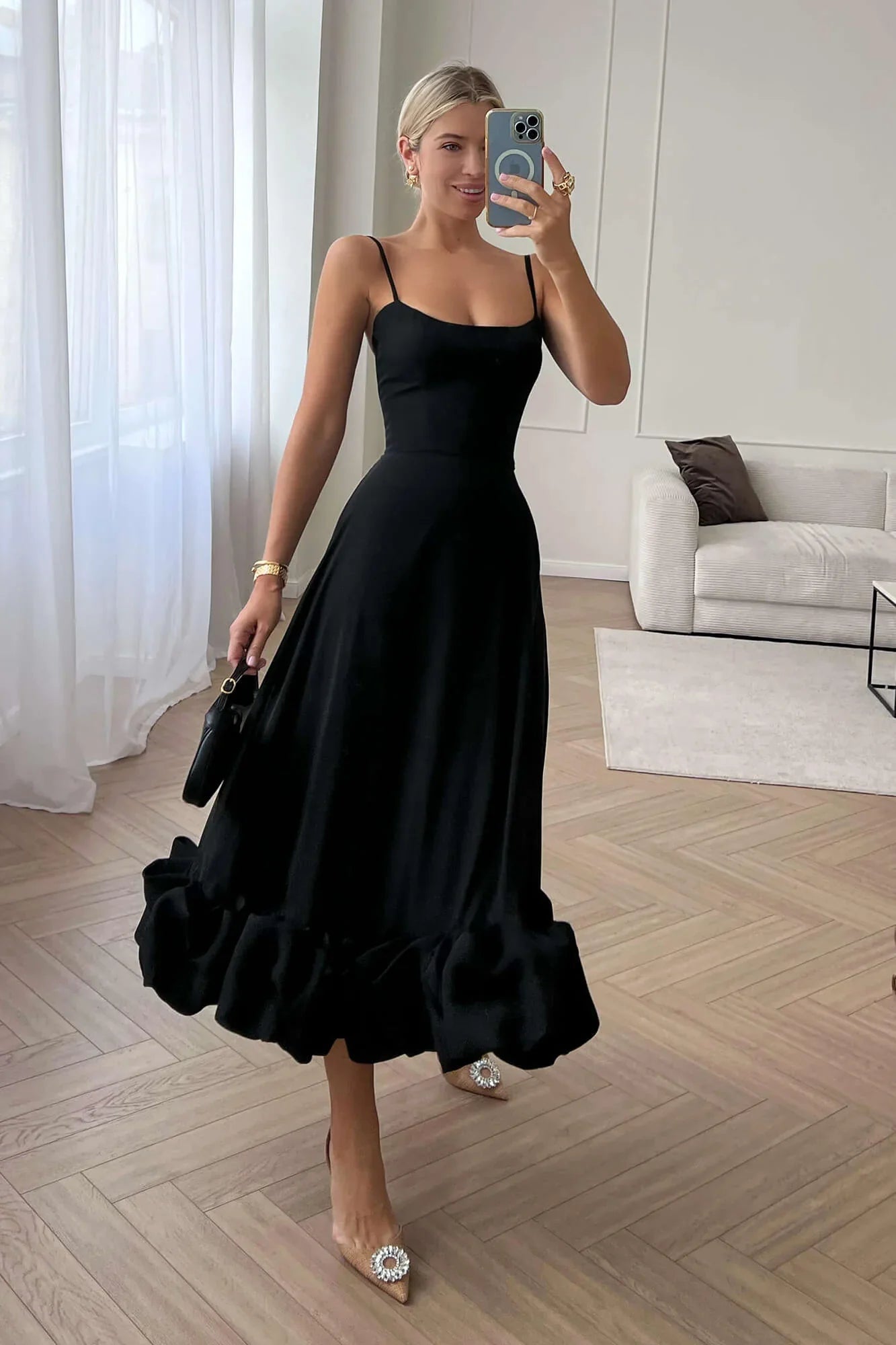 Vestido midi de mujer — Un solo hombro, dobladillo con volantes, ajuste ceñido