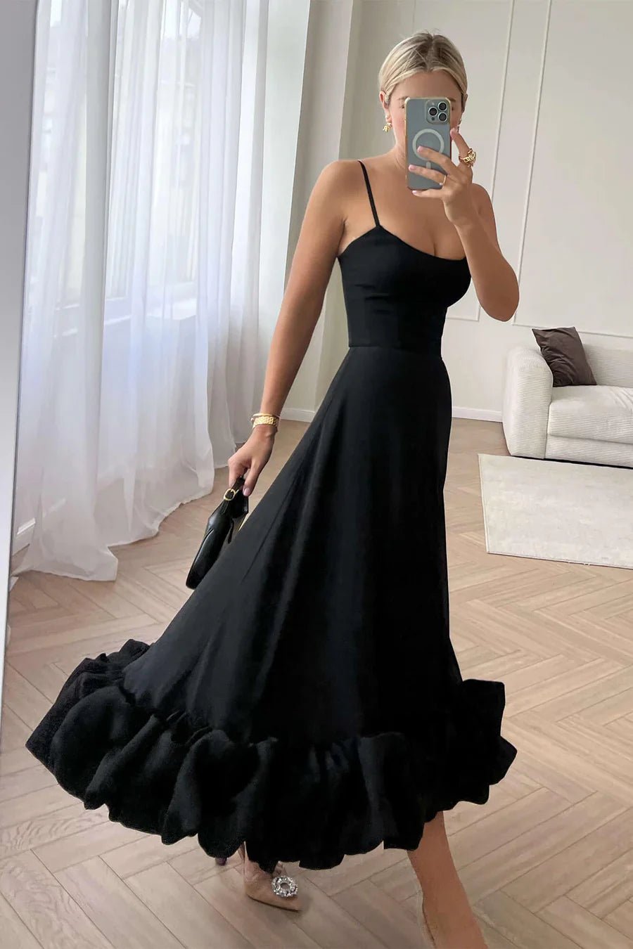 Vestido midi de mujer — Un solo hombro, dobladillo con volantes, ajuste ceñido