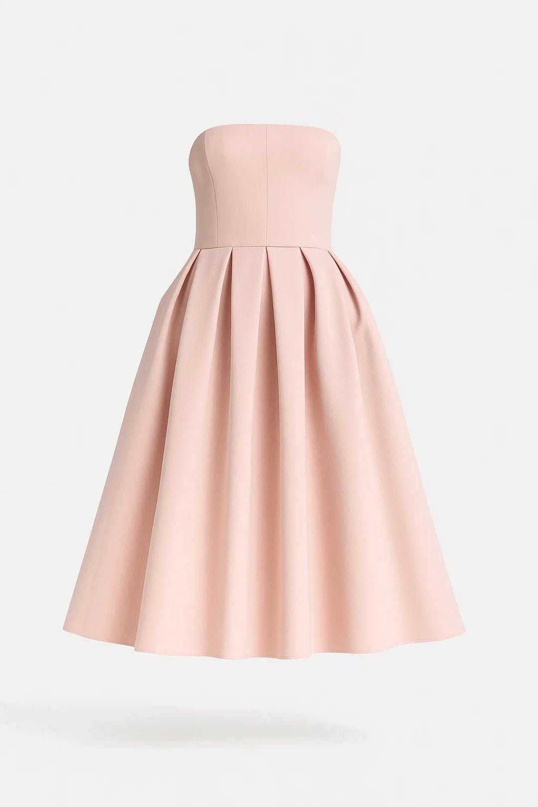 Damen-Midikleid — Trägerlos, figurbetontes Oberteil, ausgestellter Rock  