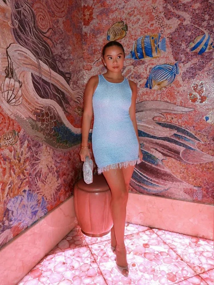 Vestido Mini para Mulher — Lantejoulas, Sem Mangas, Barra com Franjas, Design para Noite