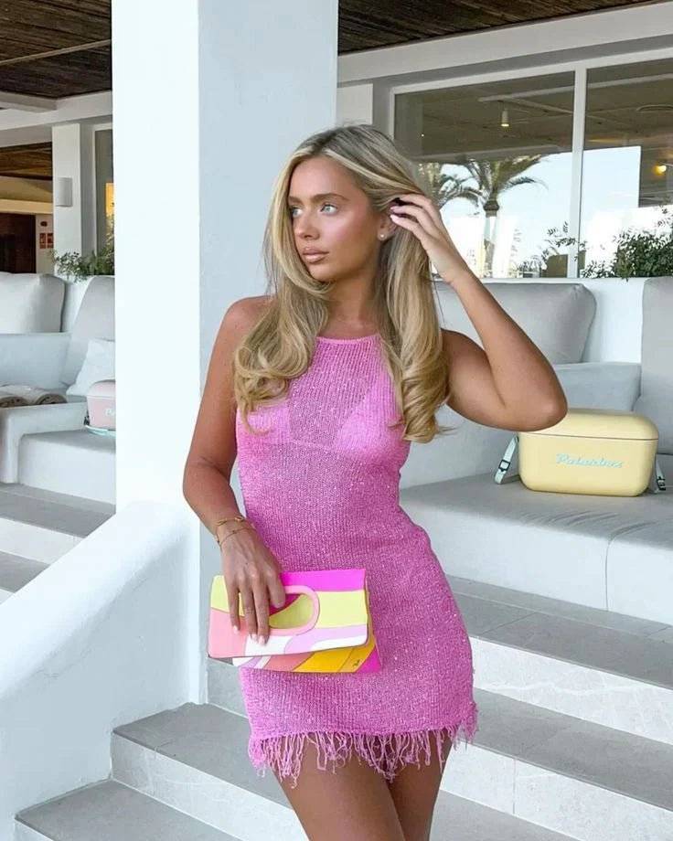 Vestido Mini para Mulher — Lantejoulas, Sem Mangas, Barra com Franjas, Design para Noite