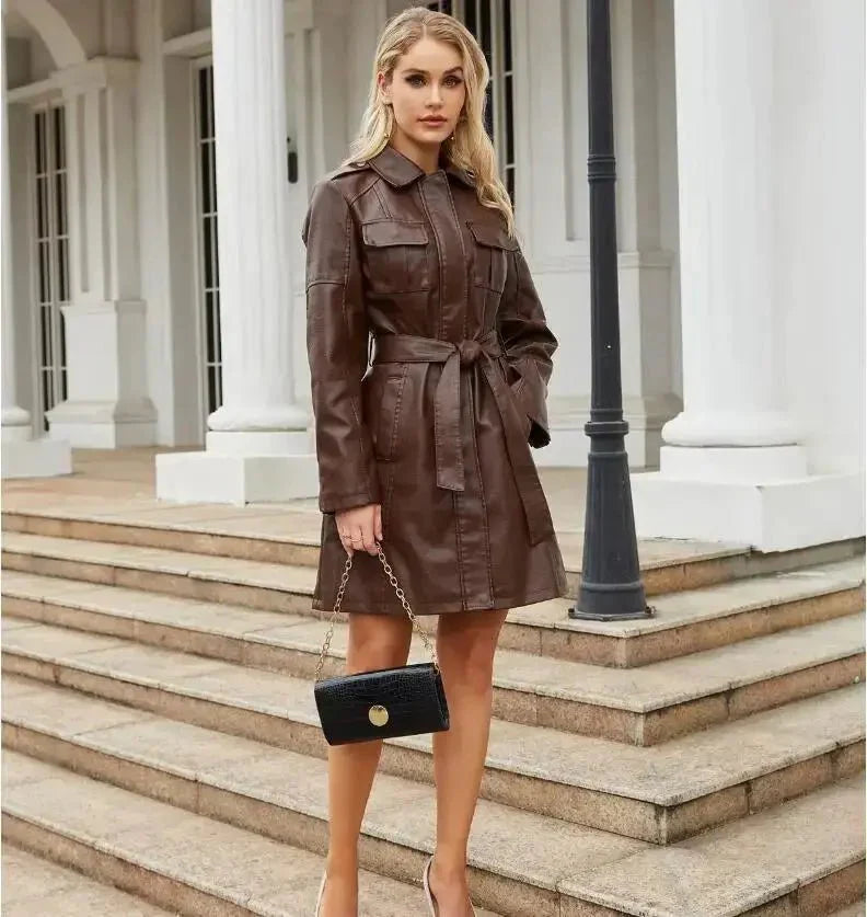 Hemdblusenkleid Damen — Lange Ärmel, Taillengürtel, Knopfverschluss
