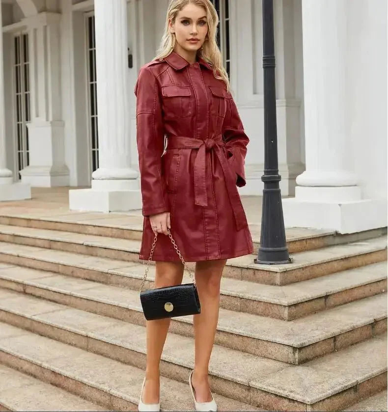 Hemdblusenkleid Damen — Lange Ärmel, Taillengürtel, Knopfverschluss